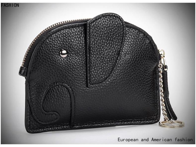 Women's Top Grain Cowhide Mini Coin Purse with Elephant Keychain - Cute, Japanese Style, Real Leather, Super Thin