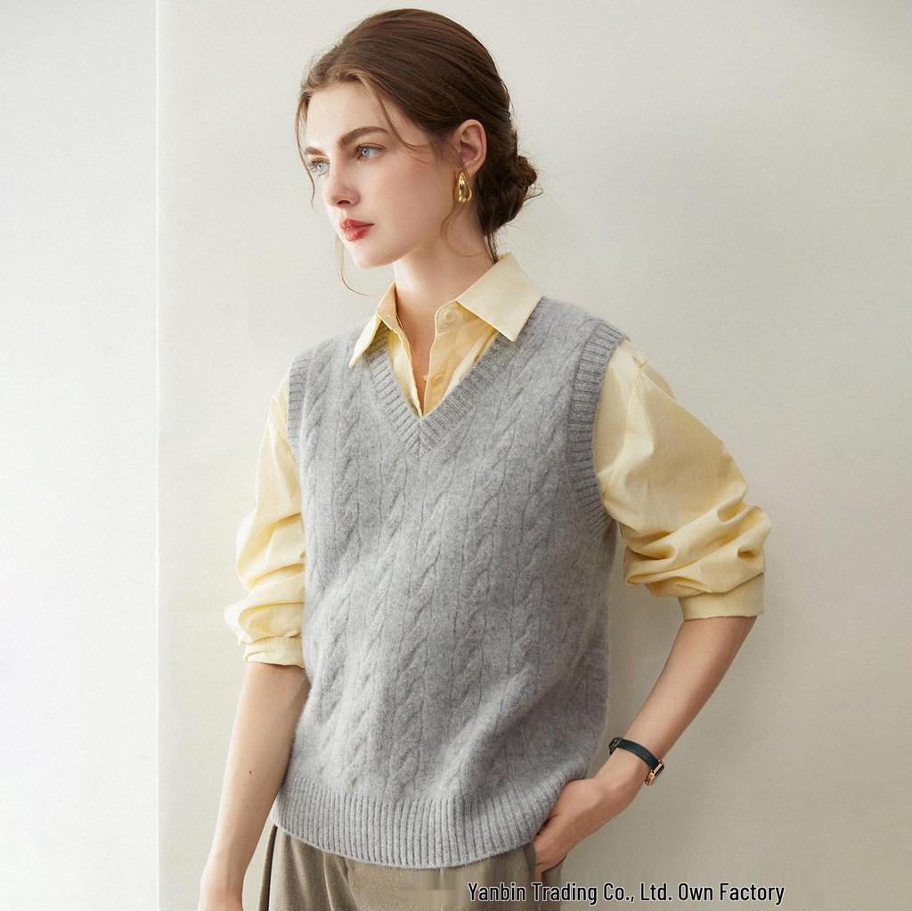 Pure Cashmere V-Neck Cable Knit Vest for Autumn & Winter