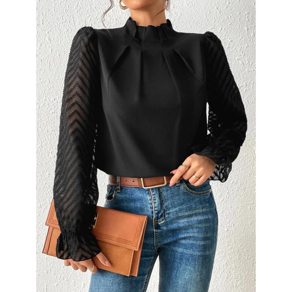 Fall Winter Women's Half Turtleneck Patchwork Wavy Chiffon Long Sleeve Top, European American Style Crossborder Women's Clothing