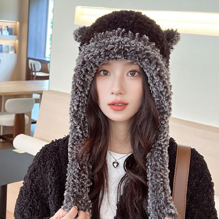 Thicken Windproof Beanie Plush Cute Bear Ear Shape Trapper Hat for Adult Teens