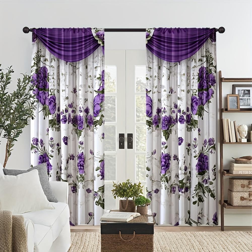 2 Pcs Purple Floral Print Curtains – Polyester Rod Pocket Design for All-Season Decor   Perfect for Bedroom Living Room & More