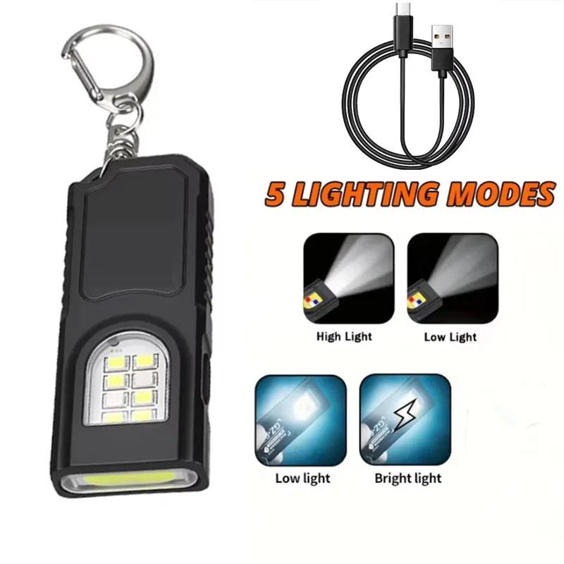 Multifunctional Keychain Flashlight USB Rechargeable Mini Flashlight With COB Work Light Keyring Camping Walking Pocket Lamp