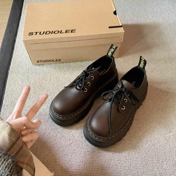 

Grape Home~ Cowhide Edition British Style Lace-up Height Increase Thick Heel Platform Derby Single Shoes Round Head Small Leather Shoes Women s Autumn 40