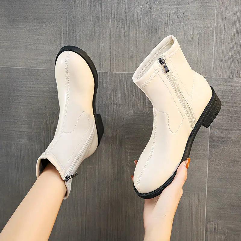 Fashion White Woman Short Shoes Leather Booties Round Toe Ankle Boots for Women Comfortable and Elegant Spring 2024 Pu High Quality Hot