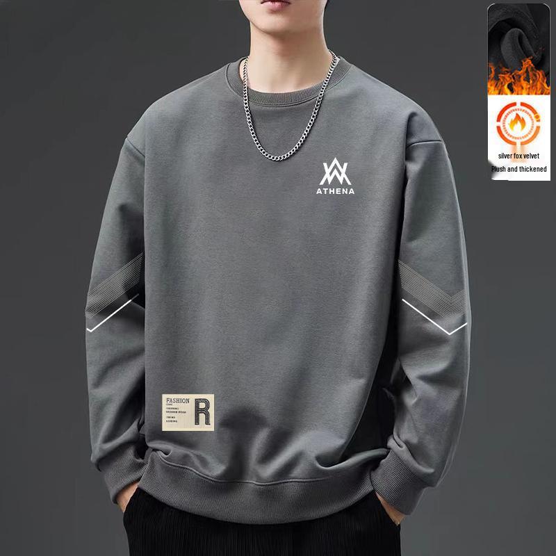 Men's Fleece-Lined Crew Neck Sweatshirt - Trendy, Versatile, Loose-Fit, Autumn/Winter Top for Students & Couples