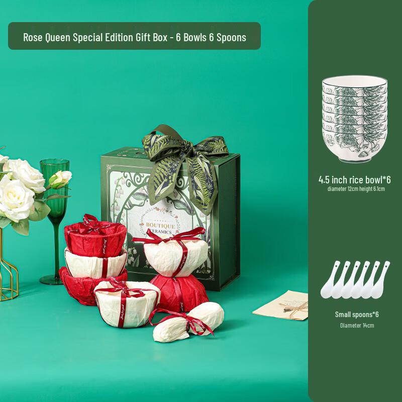 Green Rose Queen Underglaze Ceramic Dinnerware Set 6 Bowls & 6 Spoons