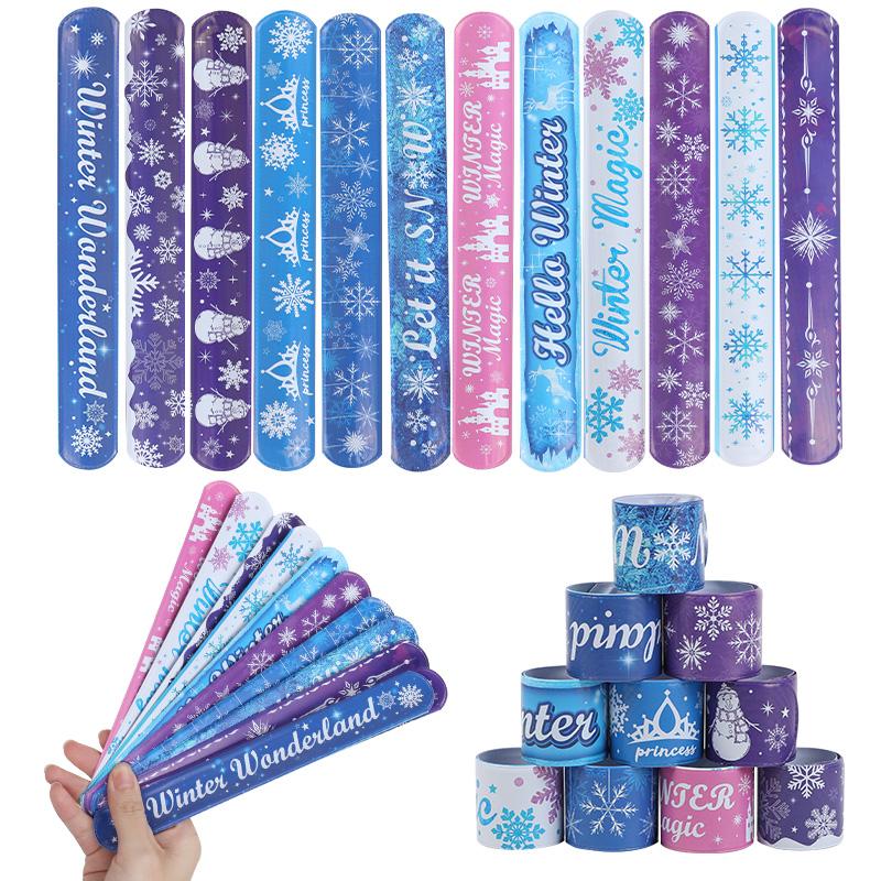 12Pcs Frozen Party Snowflake Slap Bracelets Kids Birthday Party Favors Goodie Pinata Fillers 2025 Winter Christmas Party Gifts