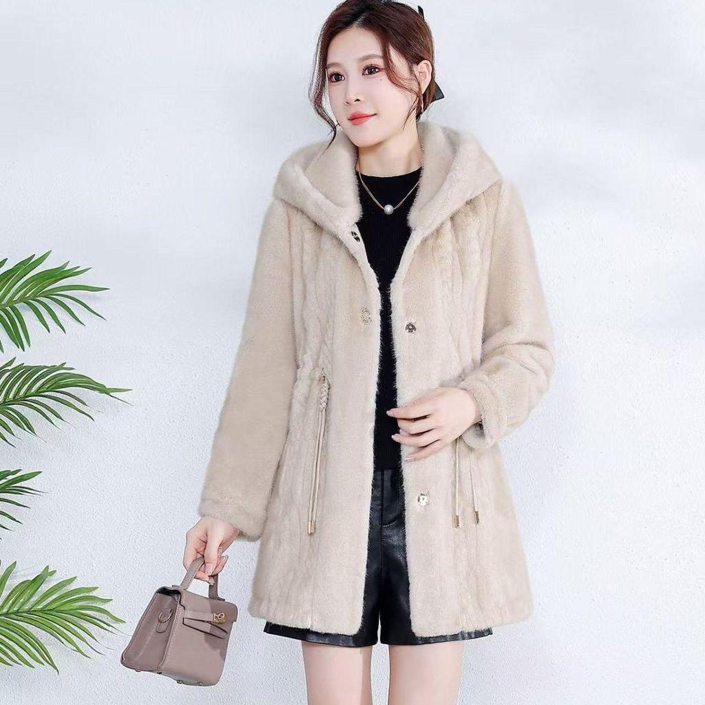 Mink Fur Hooded Mid-Length Winter Coat for Women