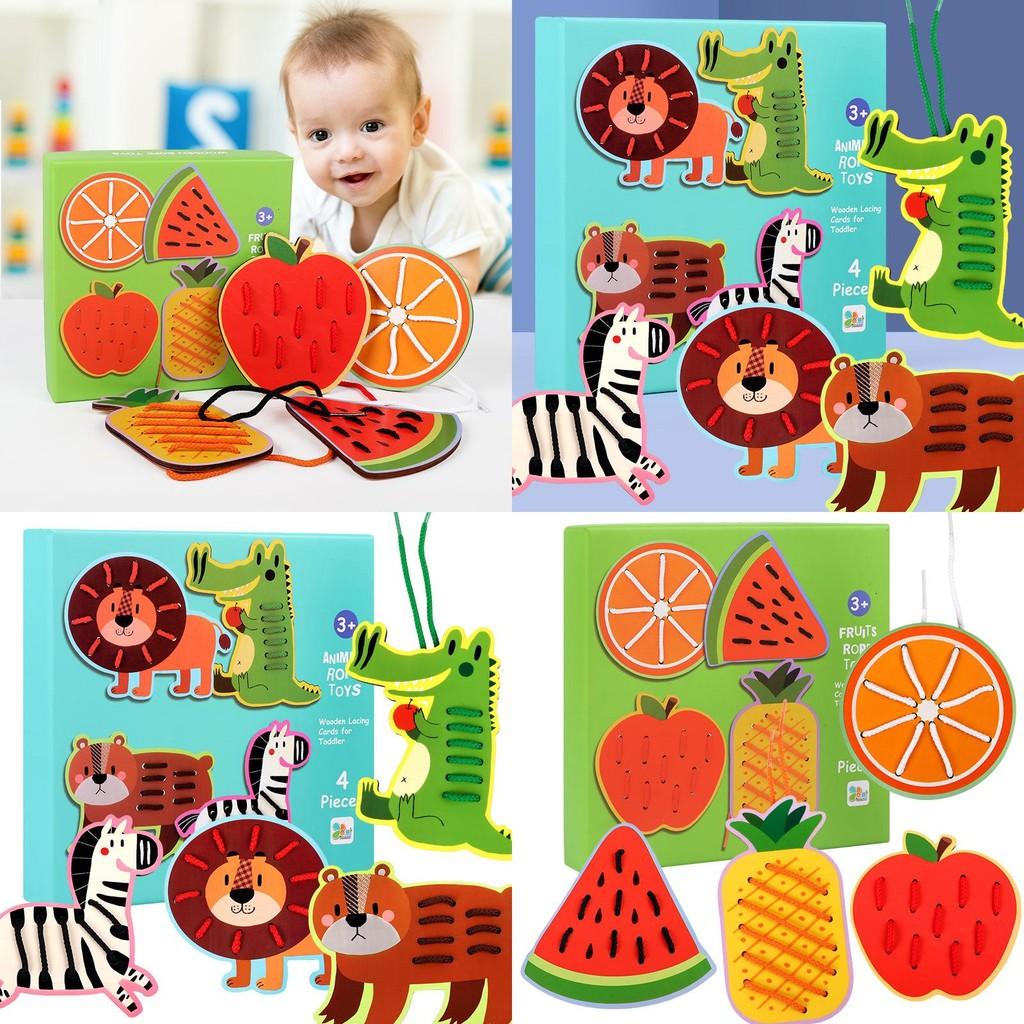 Wooden Animal And Fruit Lacing Board Educational Toy For Toddler Hand Eye Coordination Development