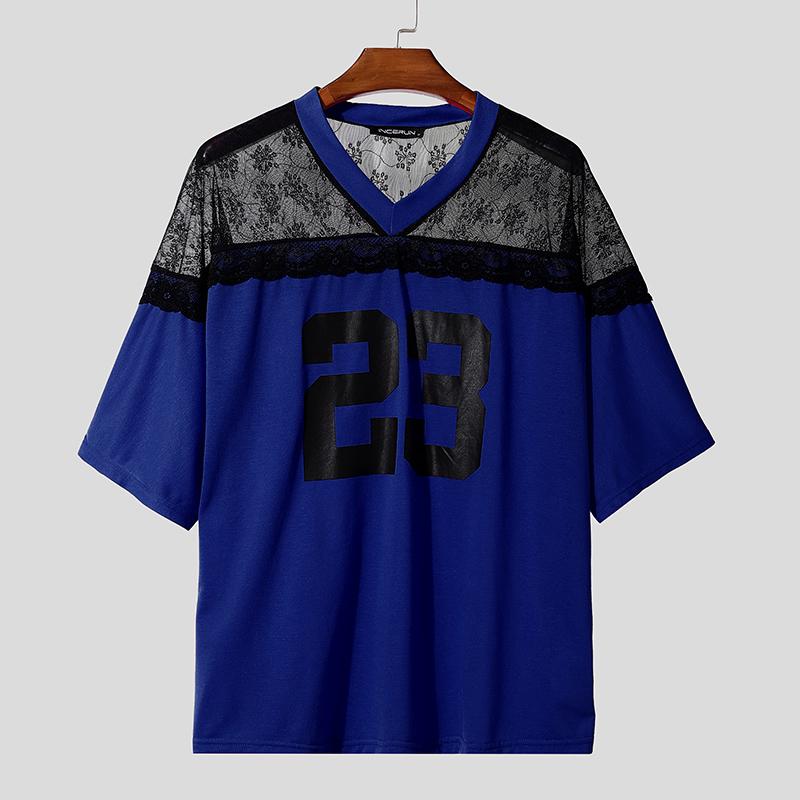 INCERUN Men Casual V Neck Short Sleeve Lace Sheer Patchwork Tops