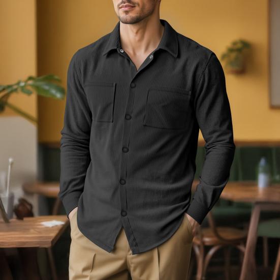 Men Business Shirt Lapel Long Sleeve Single Breasted Shirt Tops with Pockets Solid Color Ribbed Work Shirt