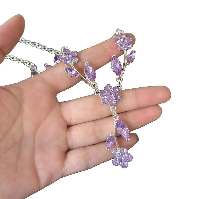 Flower Dance~ Pink Million Sense Flash Diamond Flower Necklace Banquet Birthday Evening Dress Clavicle Chain Premium Set