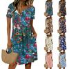 Vestido Casual de Verano para Mujer Vintage con Estampado Floral, Cuello Redondo, Manga Corta, Botones al Frente, Bolsillos, Corte Holgado, Longitud Media