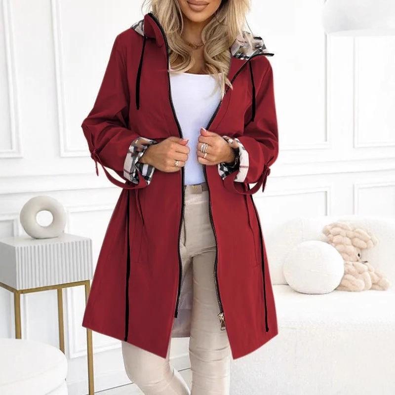 Fashion Trench Coat Woman Autumn Winter Solid Color Versatile Casual Street Style Cardigan Long-sleeved Hooded Plaid Outerwears