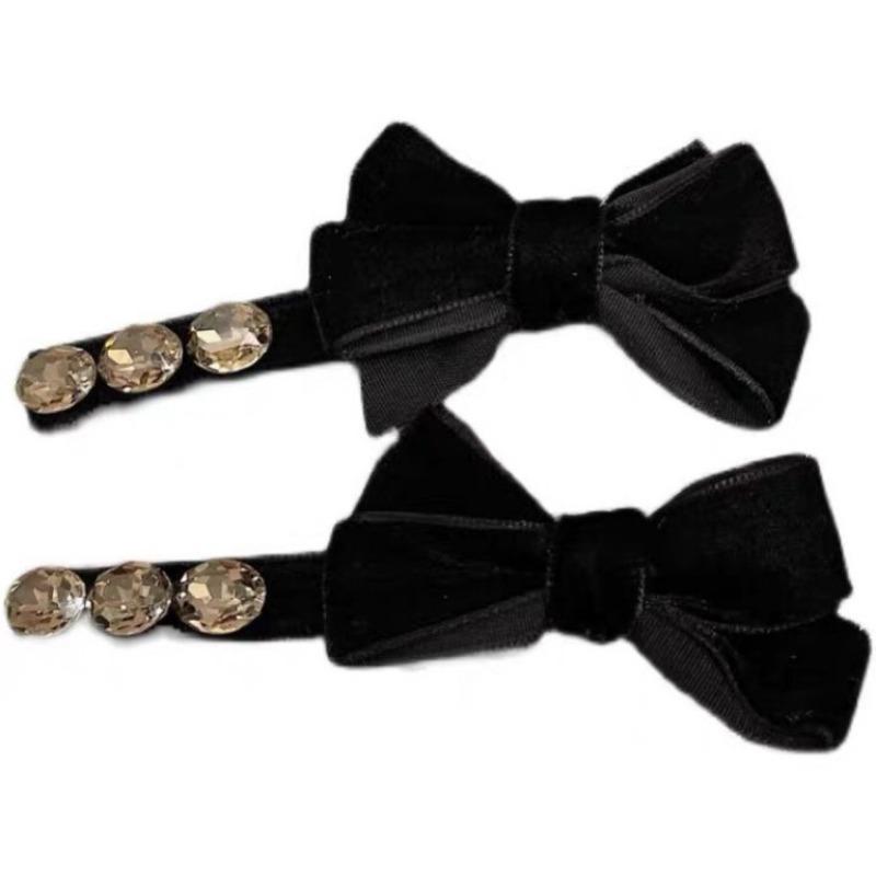 2pcs/set Retro Black Velvet Rhinestone Bow Duckbill Hair Clip Elegant Side Bangs Clip for Women Crystal Front Hair Accessories