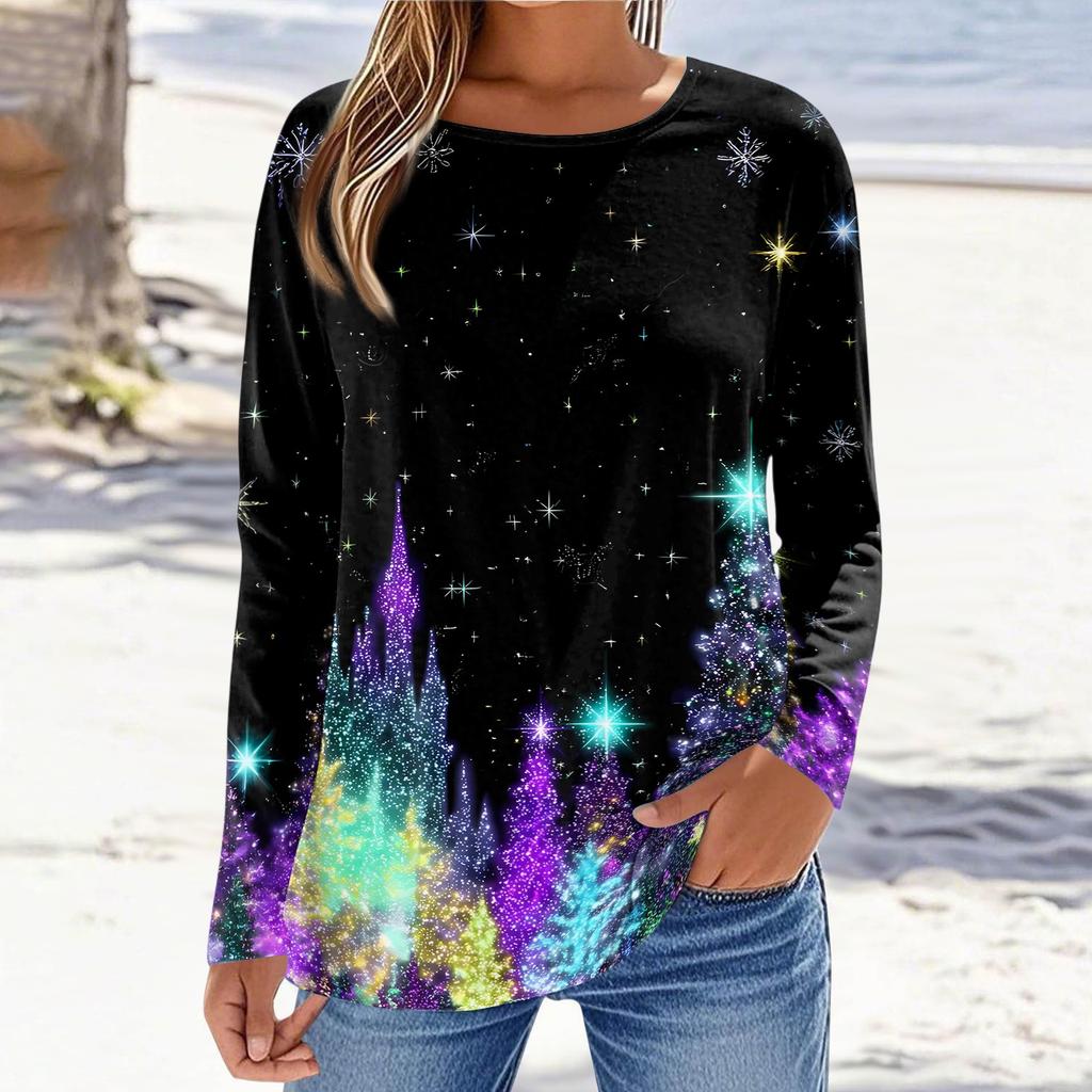 Women's Christmas Print Neck Long Sleeve Pullover Top for Holiday