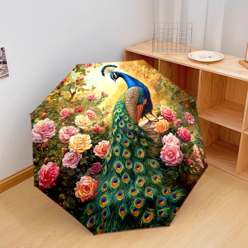 1 PC Automatic Folding Umbrella - Peacock Garden Pattern, Portable & Foldable Design with 8 Ribs, Christmas Birthday Gifts
