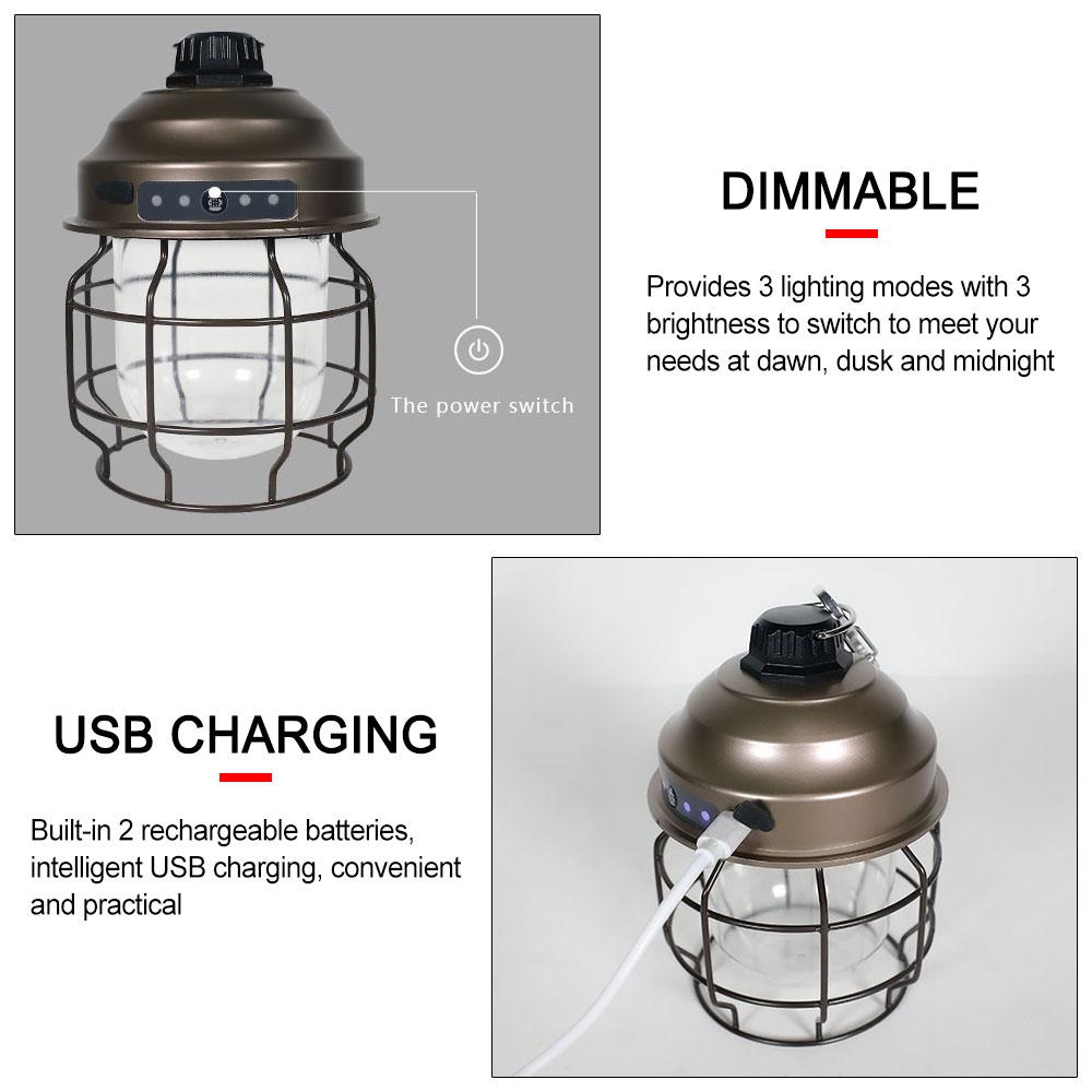 Vintage Metal Hanging Lanterns 3600mAh Battery Dimming Outdoor Retro Led Camp Lantern USB Rechargeable Lightweight Tent Light