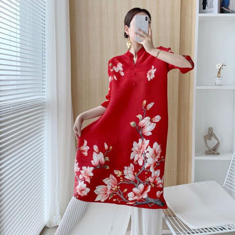 

Плиссированное женское свободное и утягивающее платье в стиле ретро на весну и лето, повседневное платье с воротником-стойкой, женские топы XXXL красный