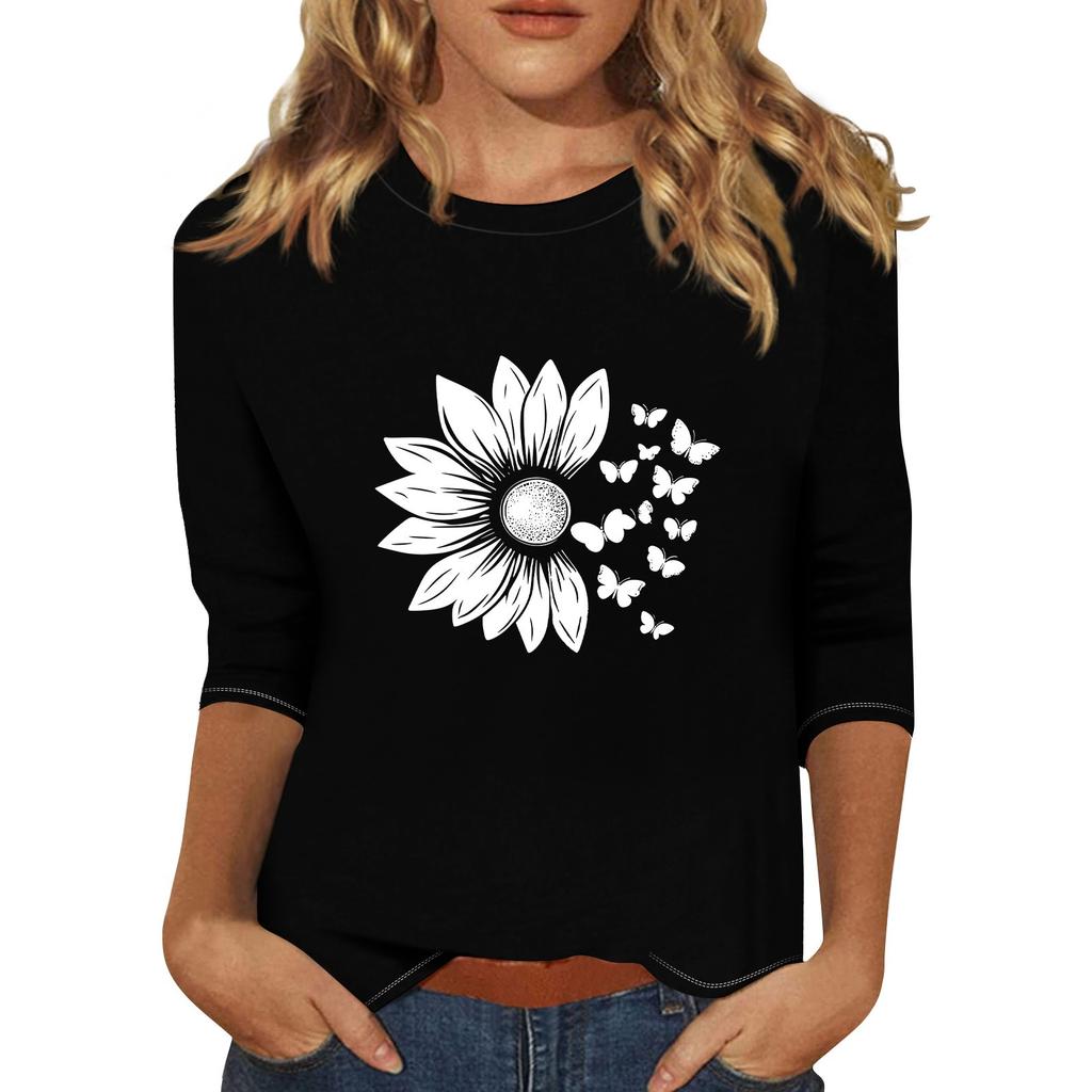 Women's Fashionable Casual Three Quarter Sleeve Printed Collar Pullover Top