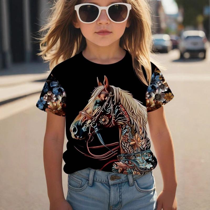 Tops Spring Autumn Printed Clothes Short Sleeve Round Neck Girls' Bottom Top T-Shirt