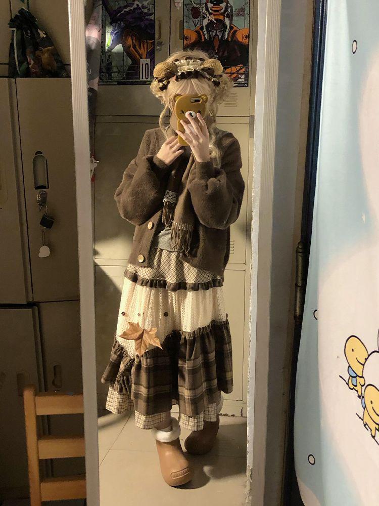 Retro Mori-Kei Candied Chestnuts Plaid Skirt with Embroidery Patchwork