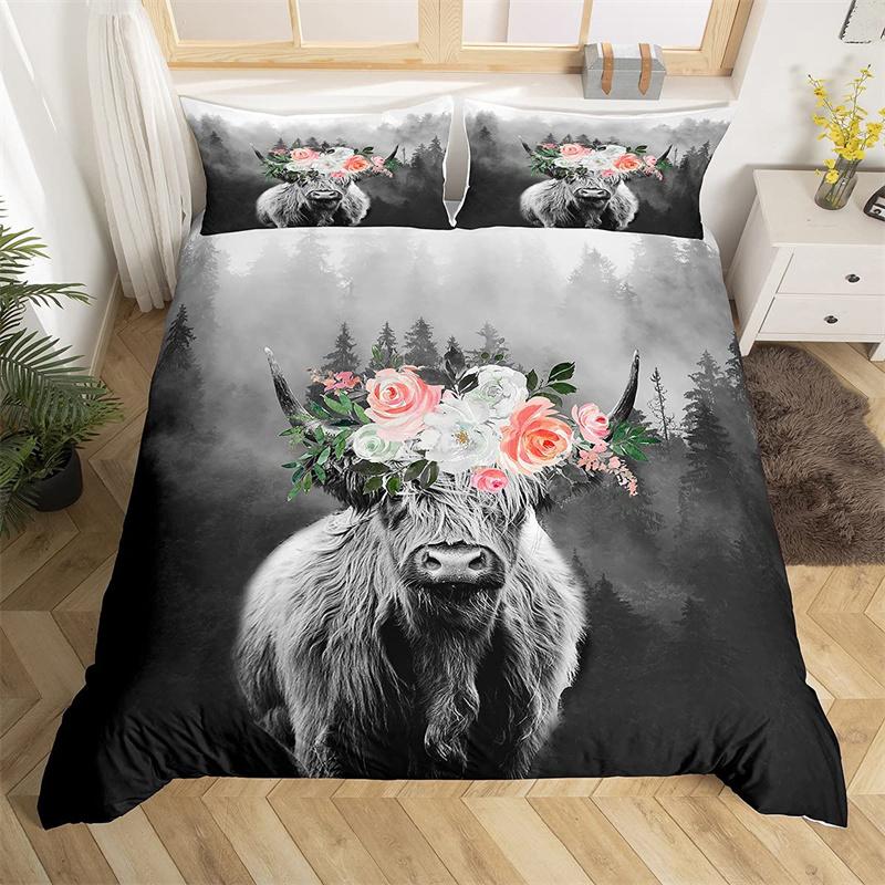 Highland Cow Bedding Set Polyester Bull Cattle Flowers Quilt Cover Western Wild Animal Duvet Cover Farmhouse Cow Bedspread Cover