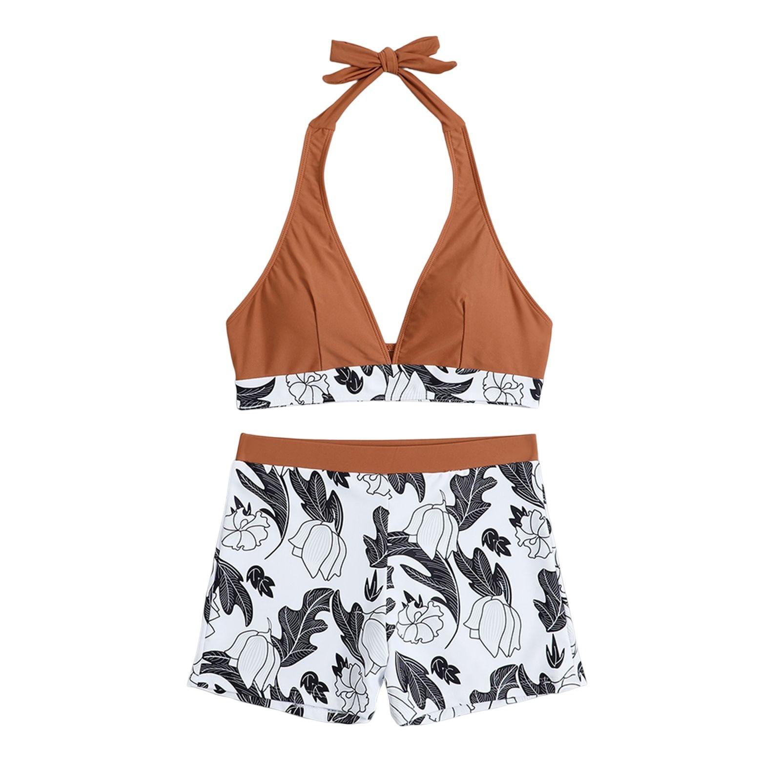 Women s Paneled Printed Swimsuit Ladies Split Boxer High Waist Swimsuit Two-Piece Set M