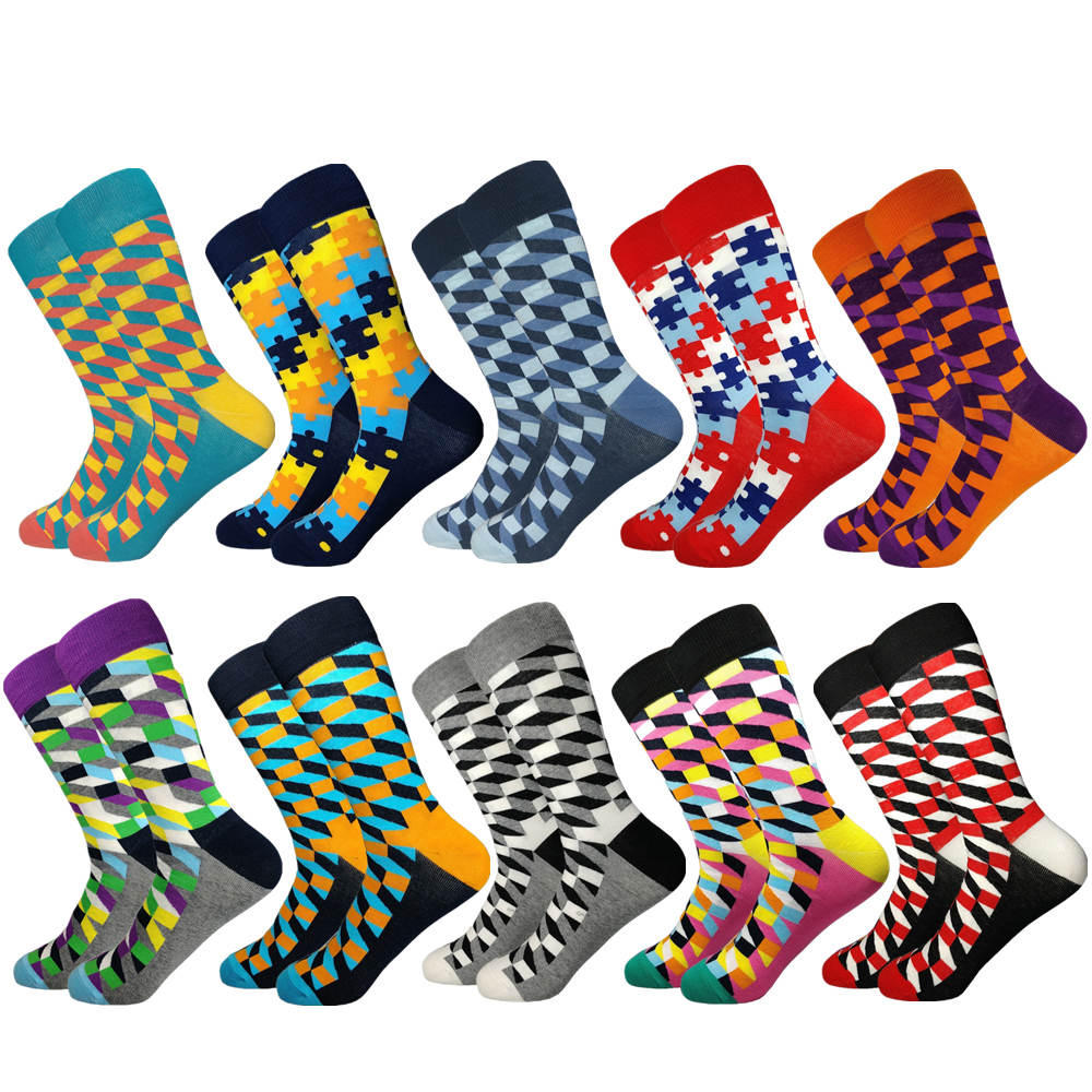 Classic  Men Socks Casual Gentleman High Quality Color Puzzle happy Socks Business Party Dress Cotton Socks for Men