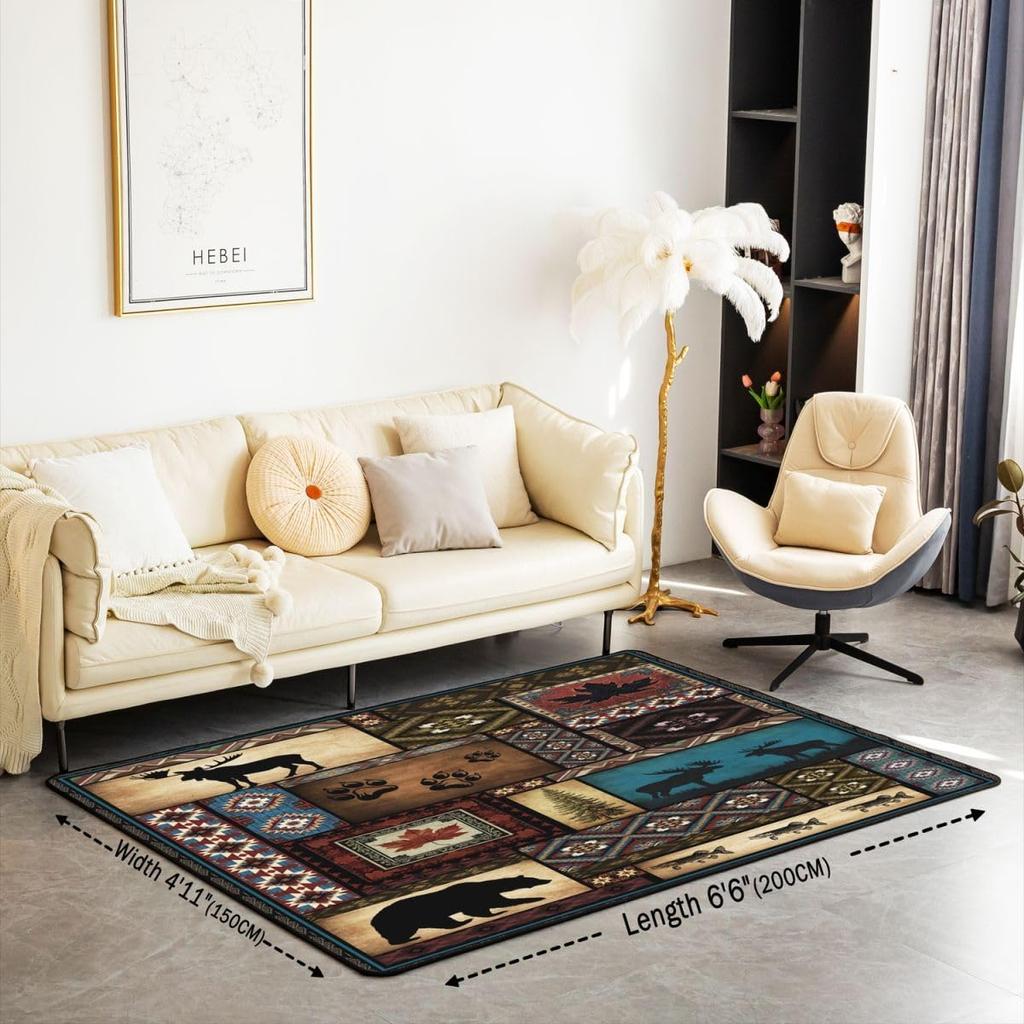 Erosebridal Rustic Cabin Lodge Area Rug 6'6" x 4'11" for Bedroom Living Room Playroom,Hunting Bear Deer Carpet,Southwestern Aztec Decorative