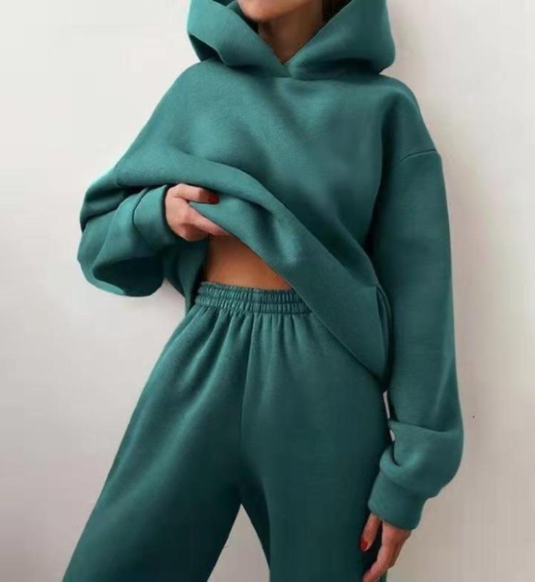 Elegant Women Two Piece Sets Warm Hoodie Sweatshirt And Long Pant Fashion Solid Suits For Ladies