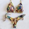 Handmade Knotted String Bikini Set with Mixed Abstract Print Triangle Top and Adjustable Side Tie Bottom for Women Swimwear
