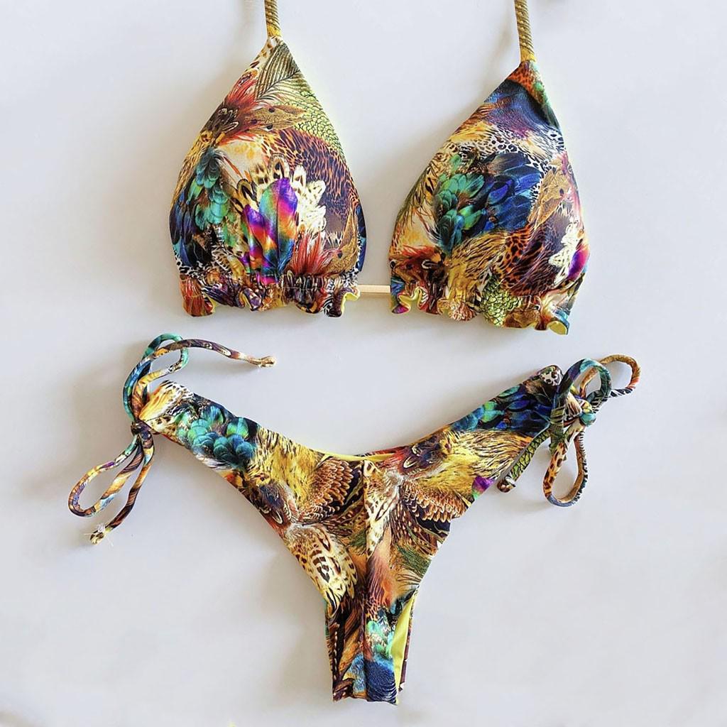 Handmade Knotted String Bikini Set with Mixed Abstract Print Triangle Top and Adjustable Side Tie Bottom for Women Swimwear