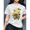 Taglie Europee T-shirt da Donna Oversize con Stampa Rosa Gialla e Farfalle - Manica Corta Girocollo Top Casual con Rose e Foglie Verdi