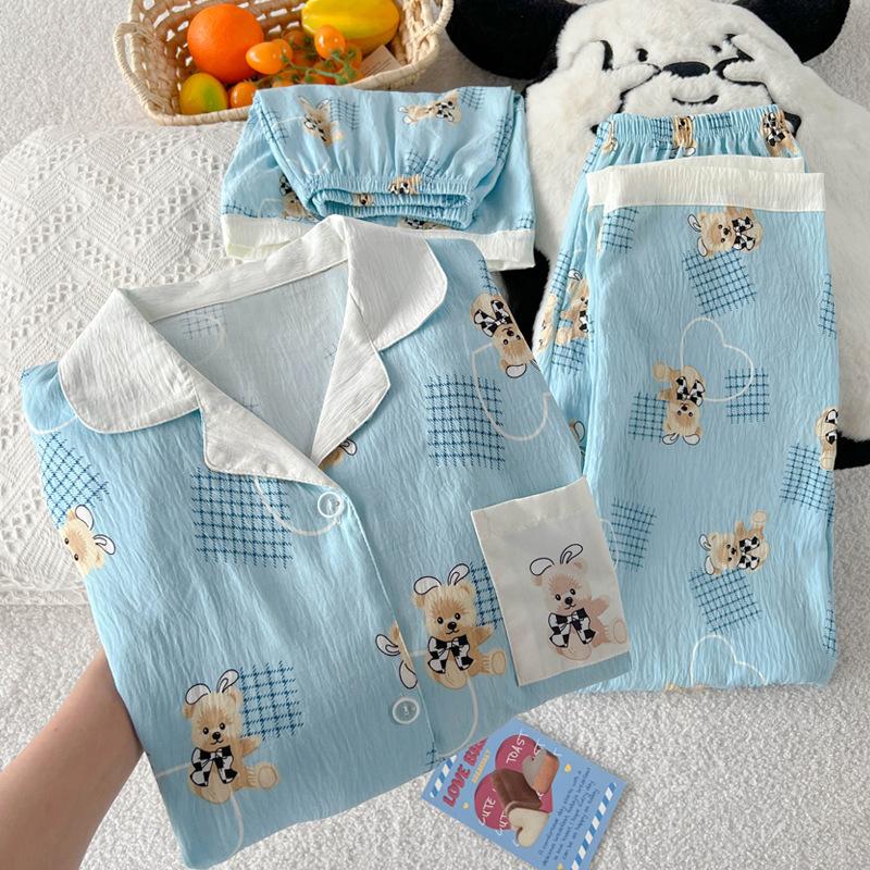 Contrasting Colors Cute Bear Cute Cloud Cotton Pajamas Women'S Summer Short-Sleeved Three-Piece Loungewear Can Be Worn Outside