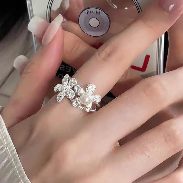Full~ Ins Temperament High-end Woven Flower Pearl Ring Fashion Open Ring