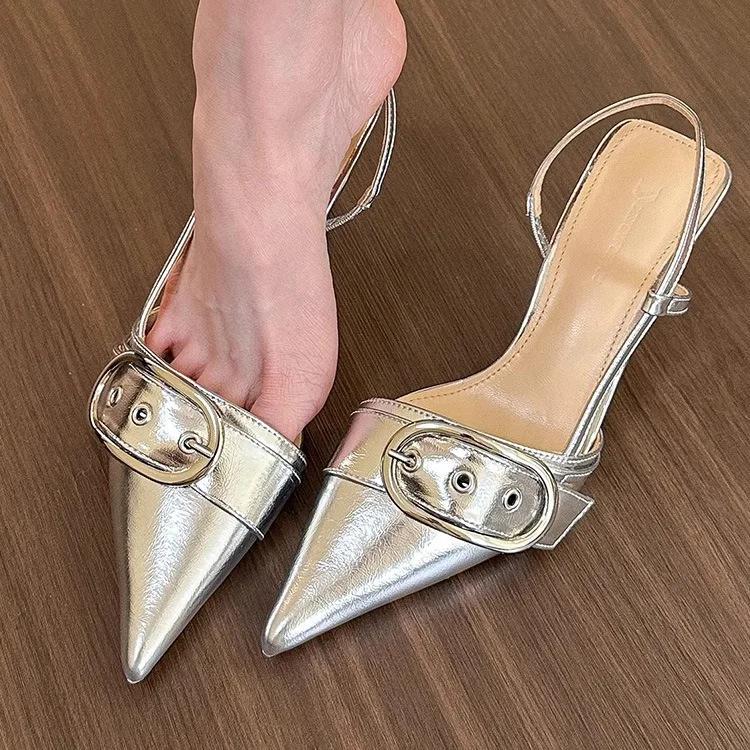 Women's Sandals Fashion Belt Buckle Design Women's Sandals Temperament Pointed Leather Sandals for Women High Heels Single Shoes
