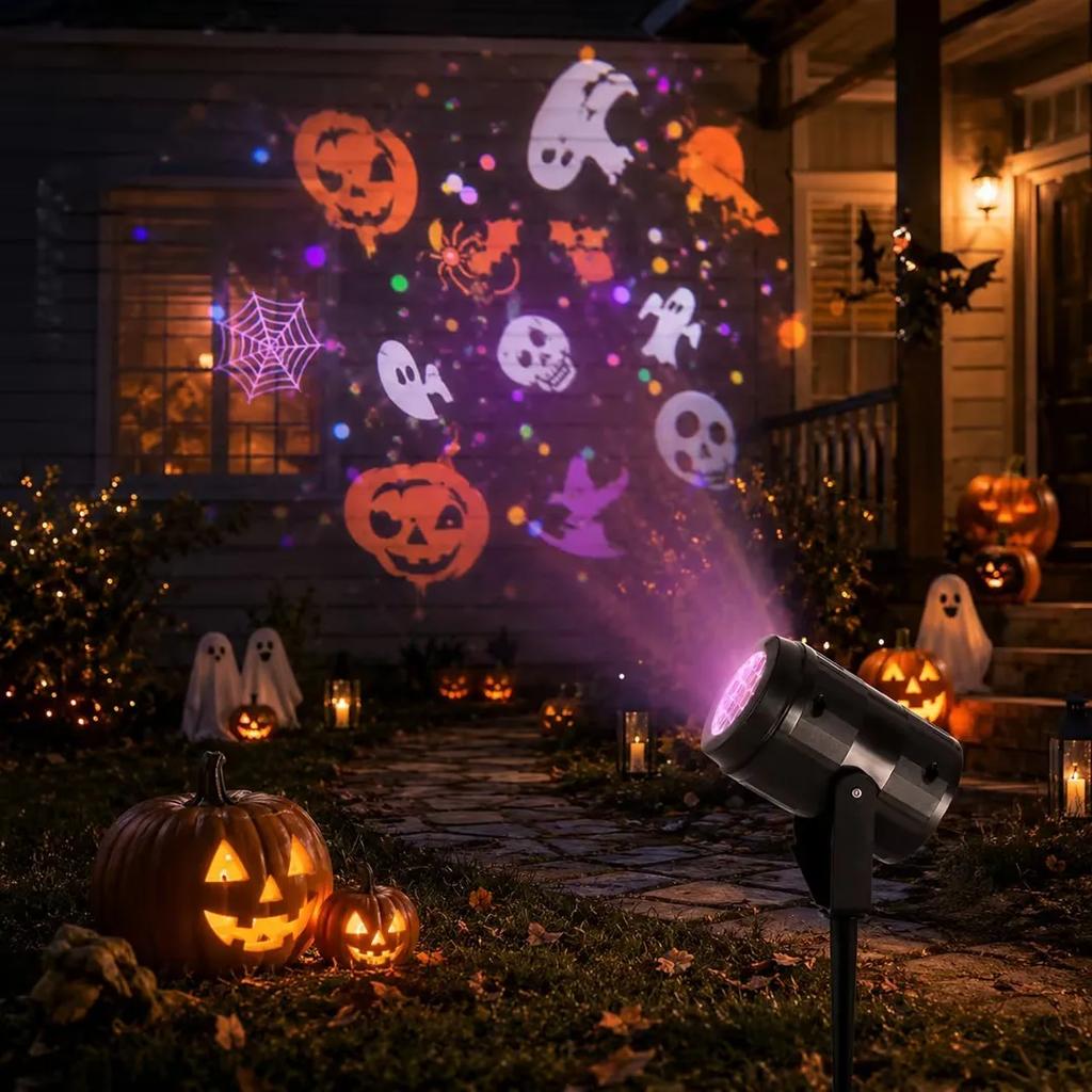 Halloween Ambient Projector Light Colorful Ghost Pumpkin Skull Pattern LED Projection Lamp 270° Adjustable Decor Light