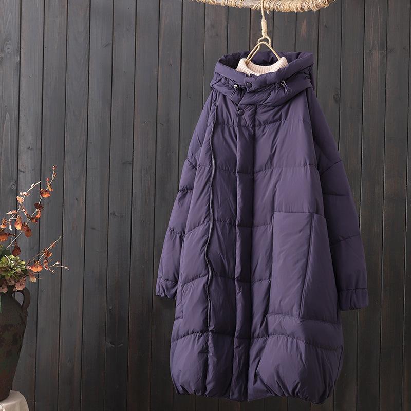Women's 2023 Winter Hooded Duck Down Jacket with Oblique Placket, Mid-Length, Over-the-Knee, and Zipper.