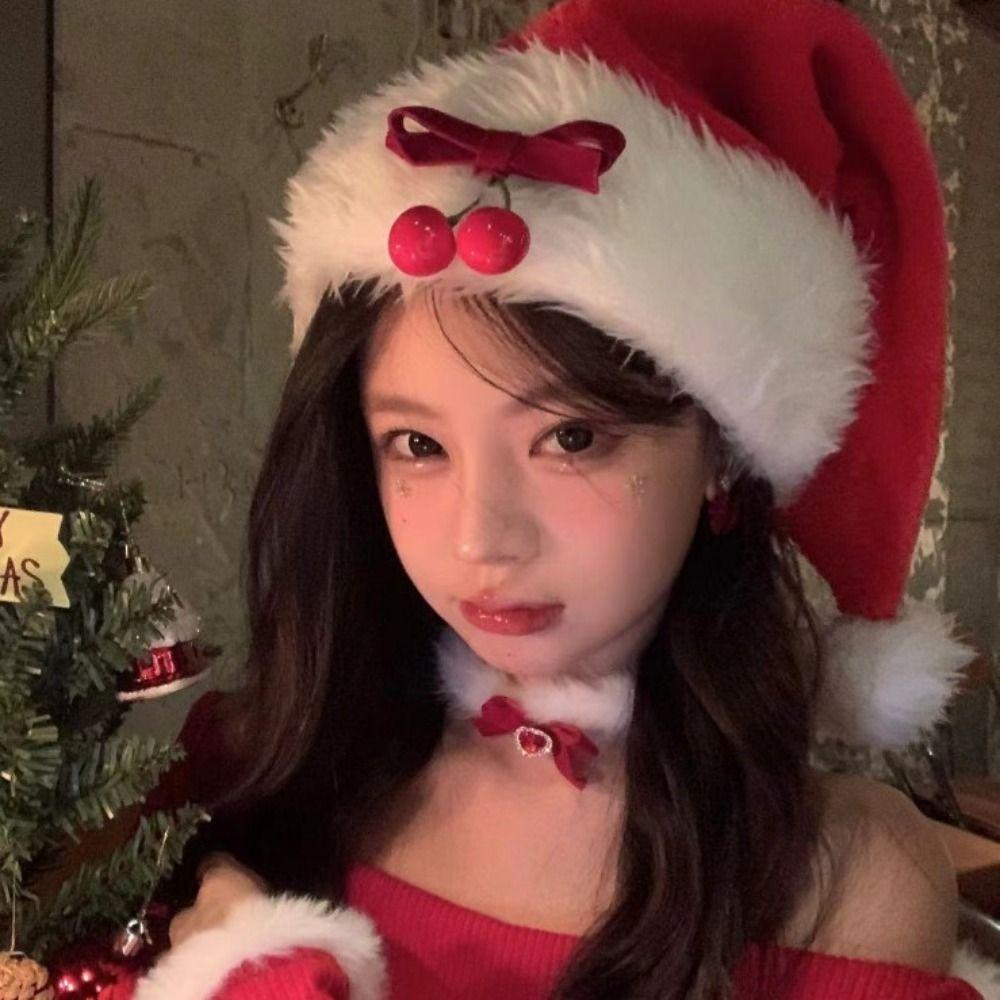 Cherry Plush Christmas Hat Sweet Fur Xmas Cap Cute Santa Claus Hat Gifts