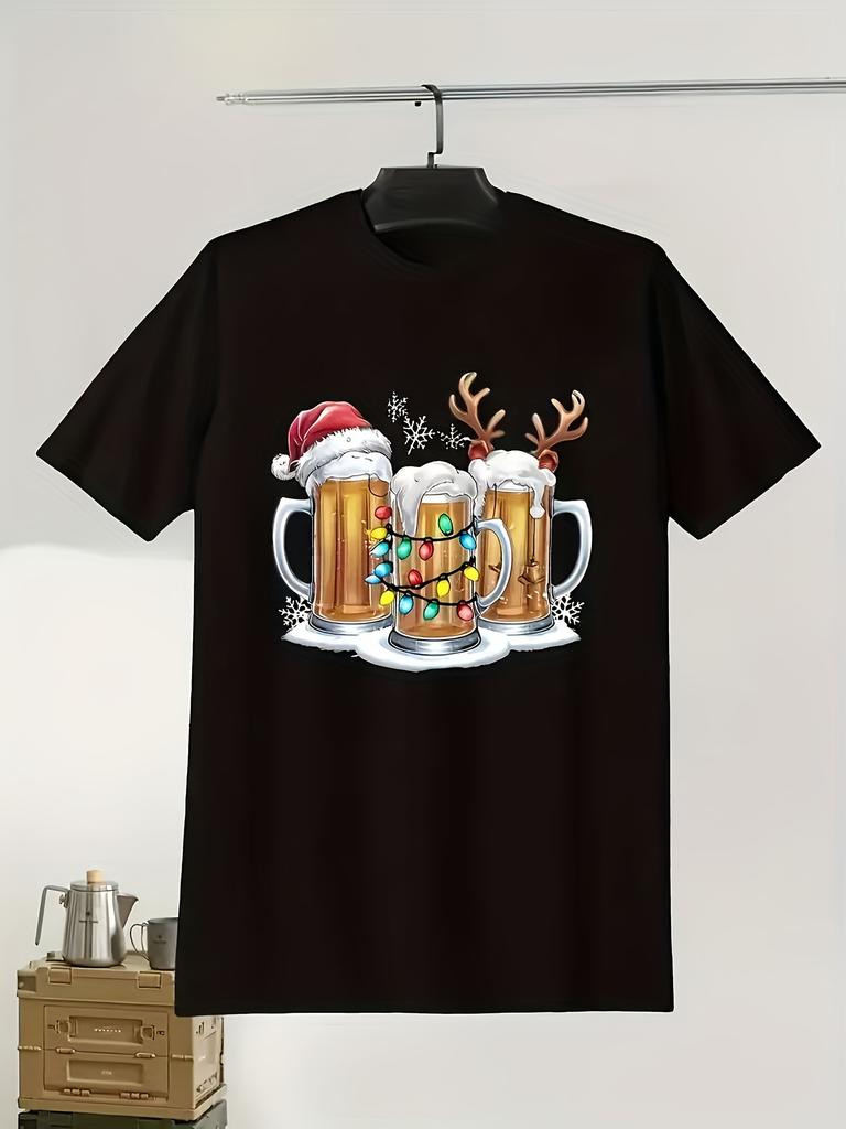 Men'S Christmas Beer Mug Pattern T-Shirt - Royal Blue Short Sleeve with Santa And Reindeer Print, Machine Washable Polye