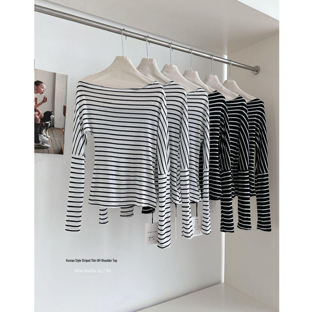 2025 Módní korejský dámský top s dlouhým rukávem na jedno rameno s pruhy