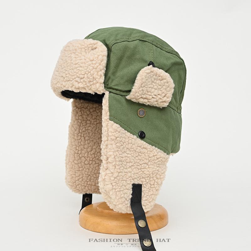 

Зимняя хлопковая шапка мужская утолщенная теплая шапка с защитой ушей женская из овечьей шерсти в корейском стиле шапка для велоспорта и полетов внешняя торговля 55-60Cm average size армия зеленый