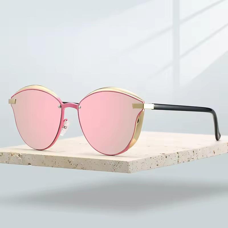 Non-polarized Women Full Frame Cat Eye Shaped Trendy Sunglasses Metal Frame Popular Multicolor Lenses Elegant Pink Sunglasses
