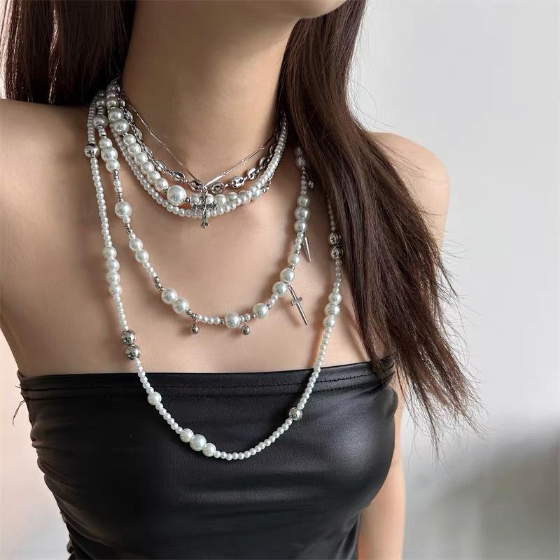 European Multi-layer Heavy Pearl Cross Pendant Necklace, Fashion Women Clavicle Choker Jewelry