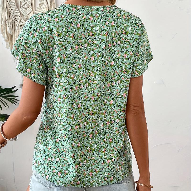 Beach Style Women Tops V Neck Shirts Short Sleeve 2025 Summer Loose Casual Blouses Puff Pleated Work Blouse Fashion Pullover Top