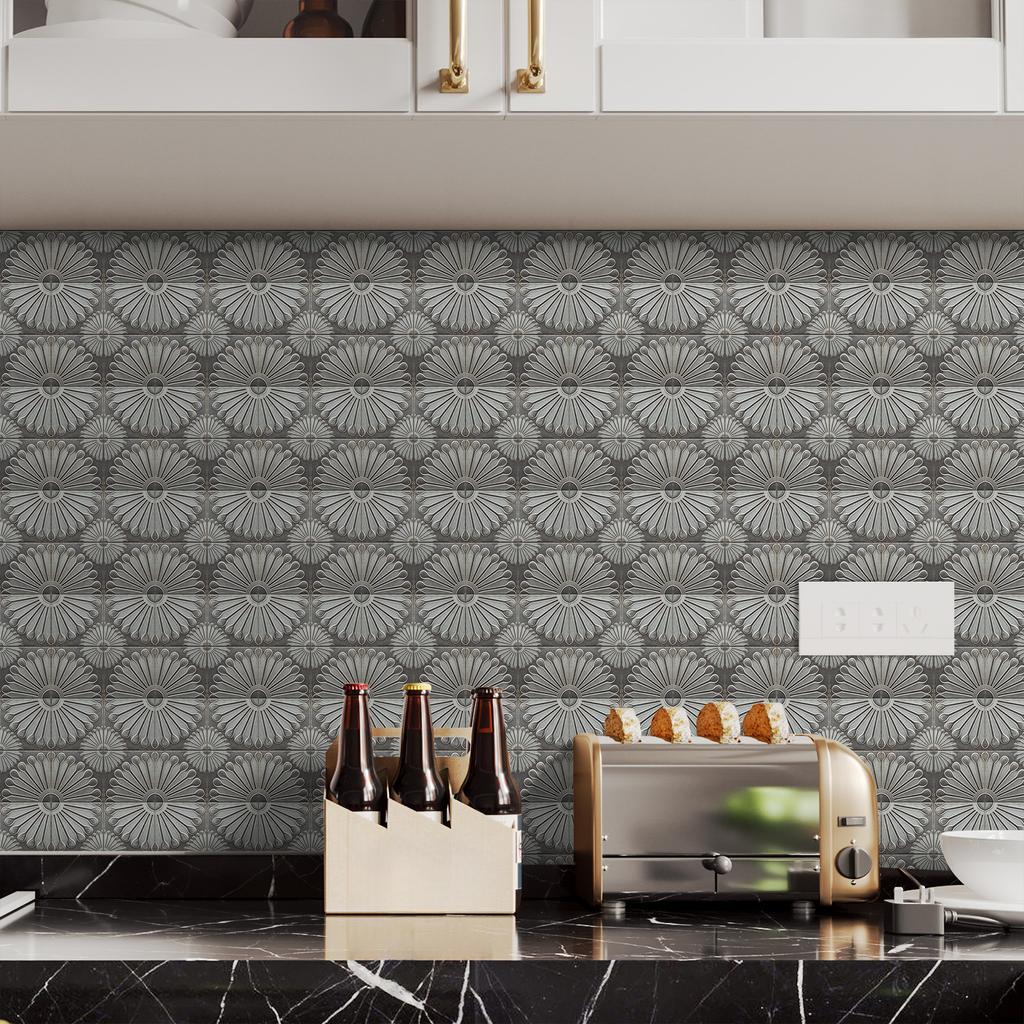 10Pcs French Vintage Dark Grey Tile Stickers Faux 3D Sunflower Texture Wall Decals Waterproof Anti-Slip Backsplash Wallpaper for Kitchen Bathroom