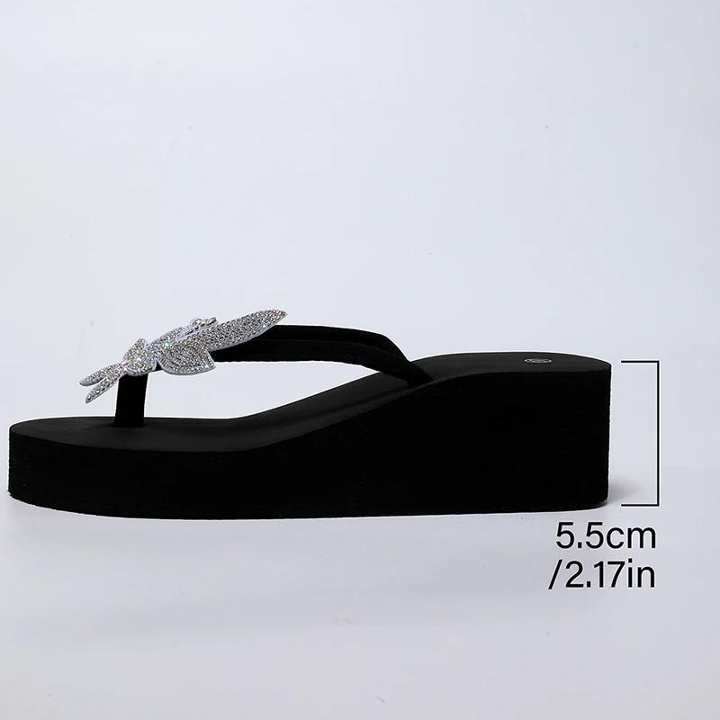 Fashion Crystal Floral Wedge Heels Flip Flops Women Summer 2025 Thick Bottom Clip Toe Sandals Woman Platform Lightweight Slides Shoes 42