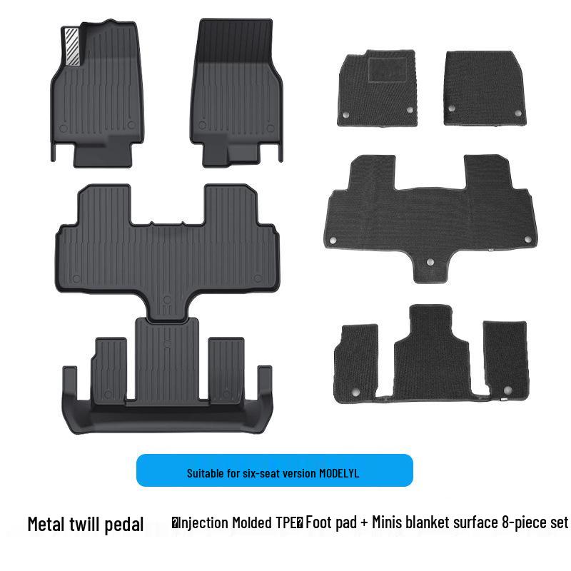 6-Seater Tesla Model Y TPE Metal Foot Mats, Full Coverage, Twill Design