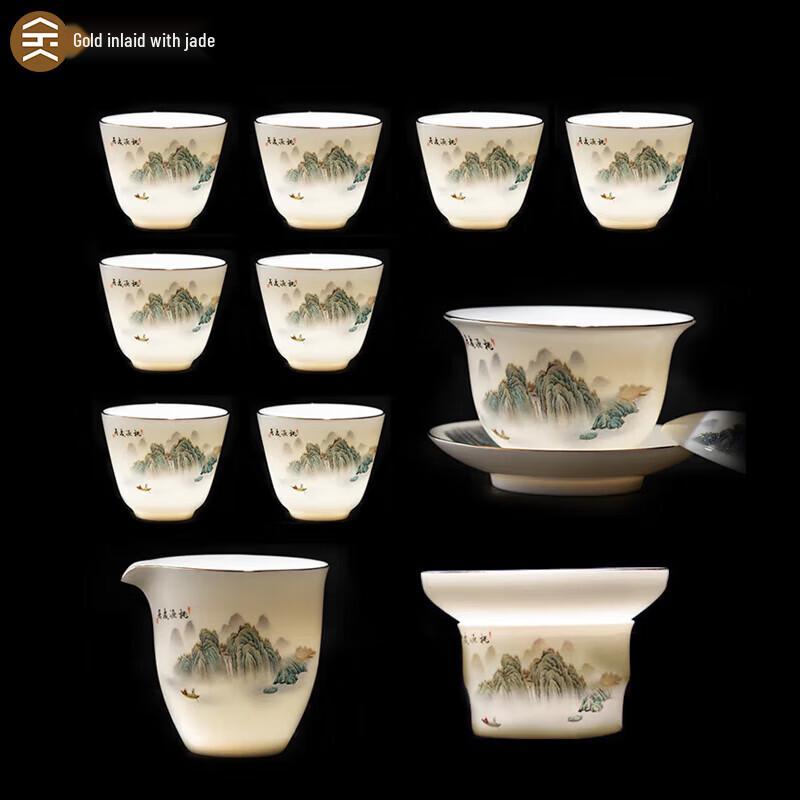 High-End Gold Inlaid Jade White Porcelain Kung Fu Tea Set
